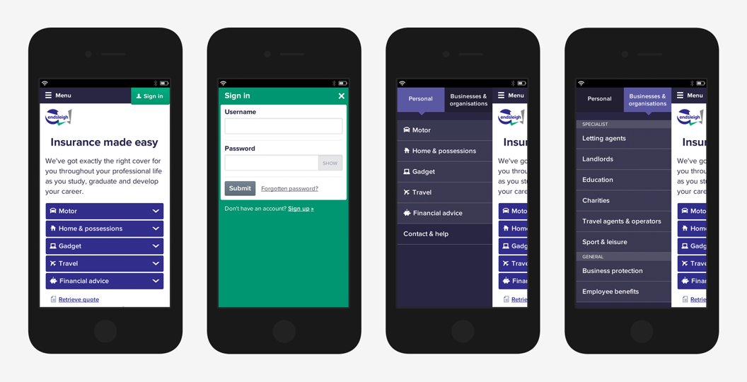 Mobile navigation on endsleigh.co.uk