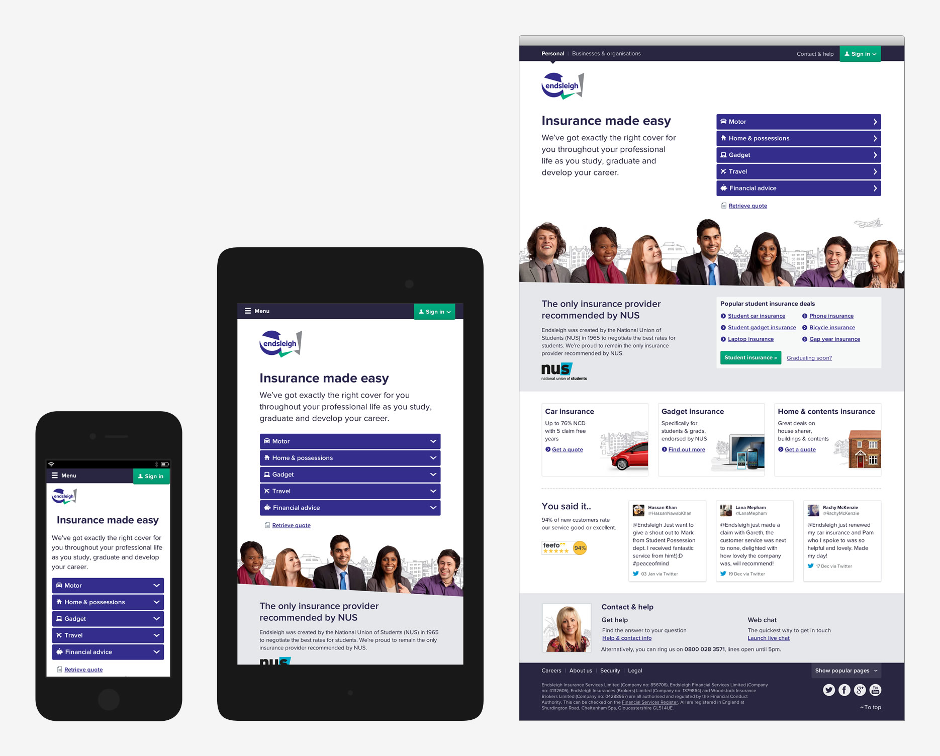 Endsleigh homepage at different widths